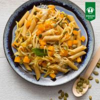Wholemeal Penne with Spicy Ragout of Pumpkin and Mung Beans Sprouts
