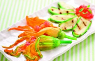 Zucchini Appetizer with Chickpeas Cream and Tomatoes with Marjoram