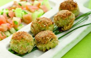 Falafel of Chickpeas and Smoked Tofu with Salad of Cucumbers and Tomatoes