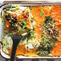 Lasagne di patate dolci con pesto e ricotta