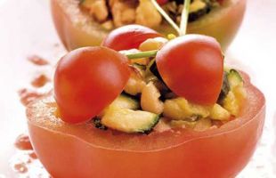 Tomatoes Stuffed with Zucchini in Chive Juice