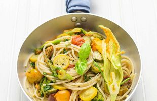 Colorful Spaghetti with Courgette Flowers, Zucchini and Cherry Tomatoes